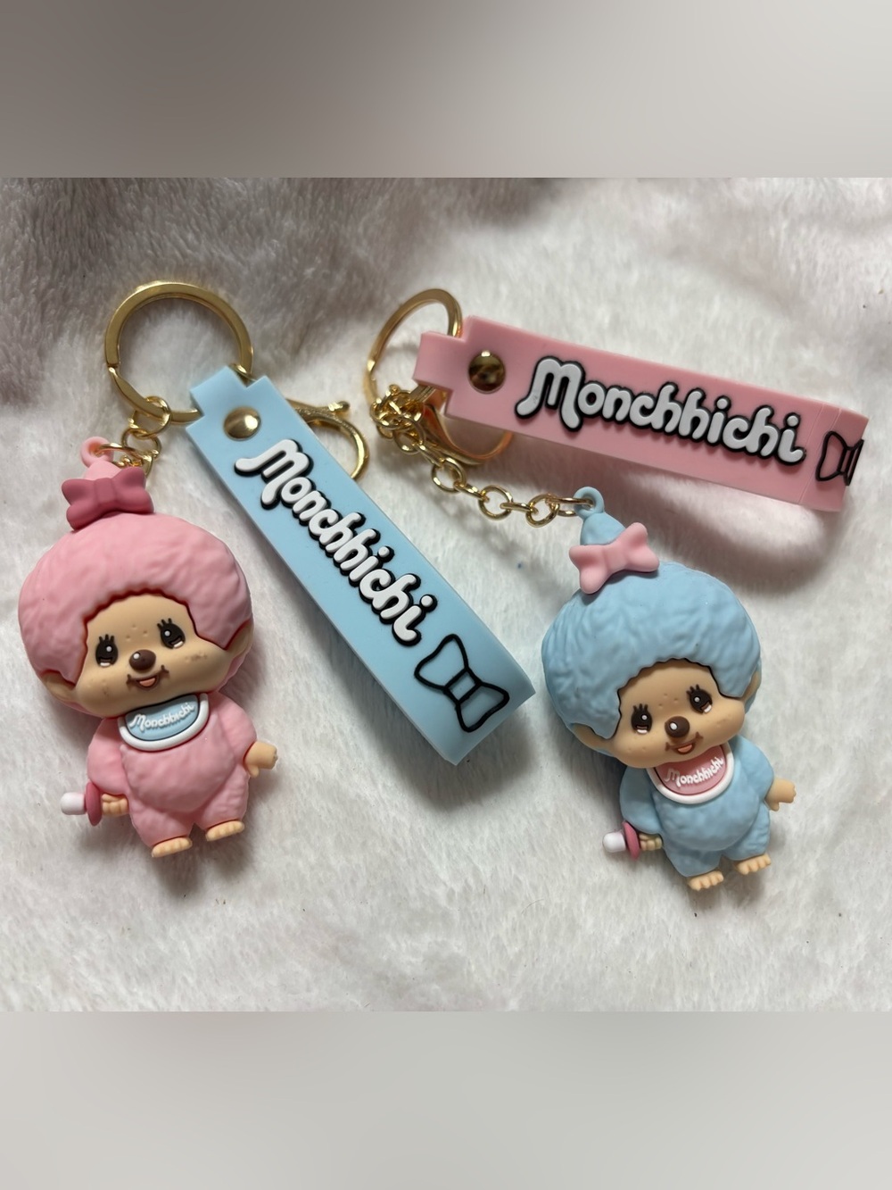 Monchhichi Cute Silicone Keychain Duo - Pink & Light Blue